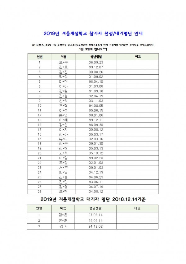 2019년 겨울계절학교 참가자 선정 및 대기명단