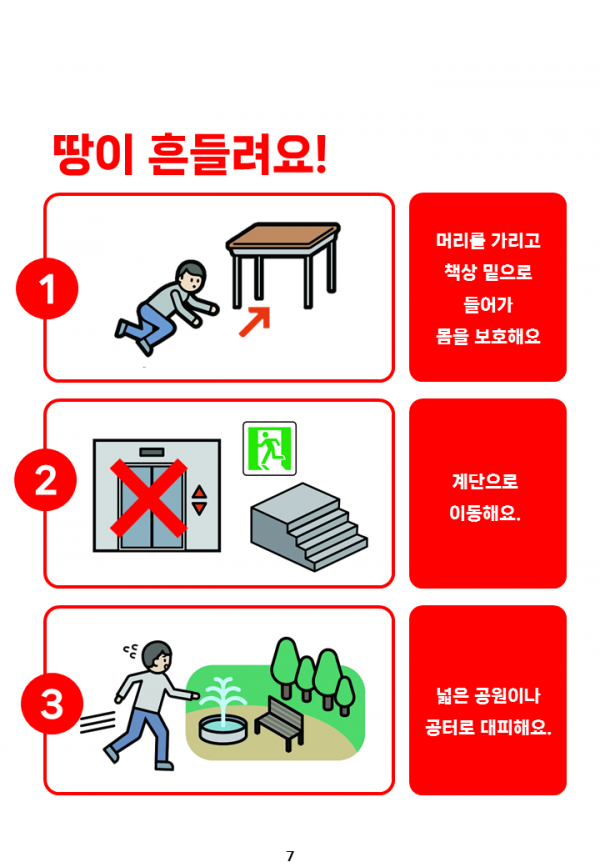 땅이 흔들려요 지진 대피 방법을 알려주는 사진