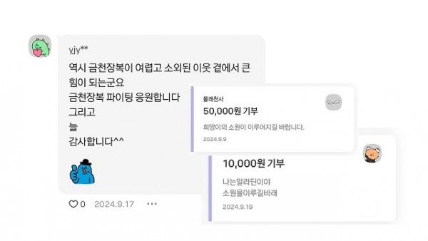 복지관과 희망이를 응원하는 댓글