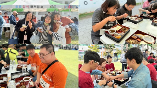 준비해주신 간식과 맛있는 도시락을 먹는 모습