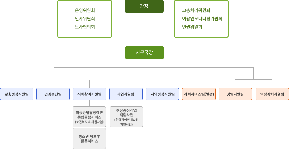 조직도 : [운영위원회, 인사위원회, 노사협의회]-[고충처리위원회, 이용인모니터링위원회, 인권위원회]-[관장]->[사무장]->[맞춤성장지원팀], [건강증진팀], [사회참여지원팀]->[최중증발달장애인 통합돌봄서비스(보건복지부 지원사업)], [직업지원팀]->[현장중심직업재활사업(보건복지부 지원사업)], [지역성장지원팀], [사회서비스팀(별관)], [경영지원팀], [역량강화지원팀]