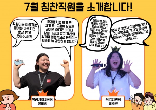 염혜림 선생님은 직원이든 이용인분이든 마주치면 항상 밝게 웃어주시고, 도움이 필요한 곳이면 어디든 나타나 남일 가리지 않고 자신의 일처럼 열정적으로 움직이셔서 칭찬직원으로 뽑히셨습니다. 홍주민 선생님은 현장중심 회의를 열심히 준비해주시는 모습에 책임감을 볼 수 있었고, 항상 웃으면서 이용인을 만나고 열심히 일하시는 모습으로 칭찬직원에 뽑히셨습니다.