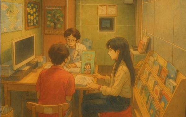 여자참여자가 담당 여자 선생님과 함께 약사님의 교육을 듣고 있는 사진