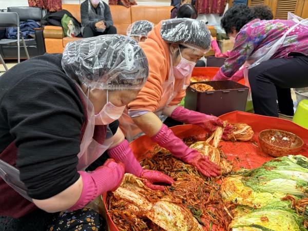 김치 양념바르는 복지관 이용인 모습