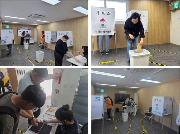 이론교육을 완료한 후에 모의선거장으로 가서 직접 투표하는 것을 연습하고 있는 em실천,sg누리센터,sg블루웰 이용인분들의 모습