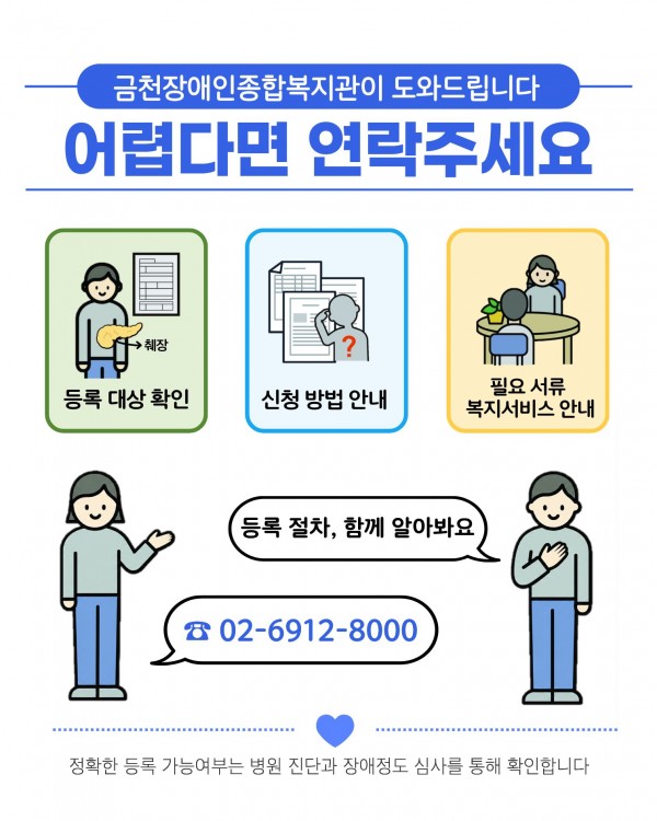 복지관 문의 안내  금천장애인종합복지관이 도와드립니다.  어렵다면 연락주세요.  등록 대상 확인 신청 방법 안내 필요 서류, 복지서비스 안내  등록 절차, 함께 알아봐요.  전화번호 02-6912-8000  정확한 등록 가능 여부는 병원 진단과 장애정도심사를 통해 확인합니다.