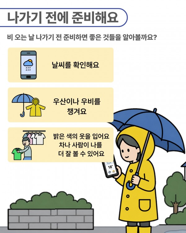 비 오는 날 외출 전 준비해야 할 사항을 안내하는 카드입니다.  비 오는 날 나가기 전에 준비하면 좋은 것들입니다.  휴대전화로 날씨를 확인합니다. 우산이나 우비를 챙깁니다. 밝은 색 옷을 입어 운전자와 주변 사람들이 나를 더 잘 볼 수 있도록 합니다.  오른쪽에는 노란 우비를 입고 우산을 든 사람이 휴대전화로 날씨를 확인하는 모습이 있습니다.