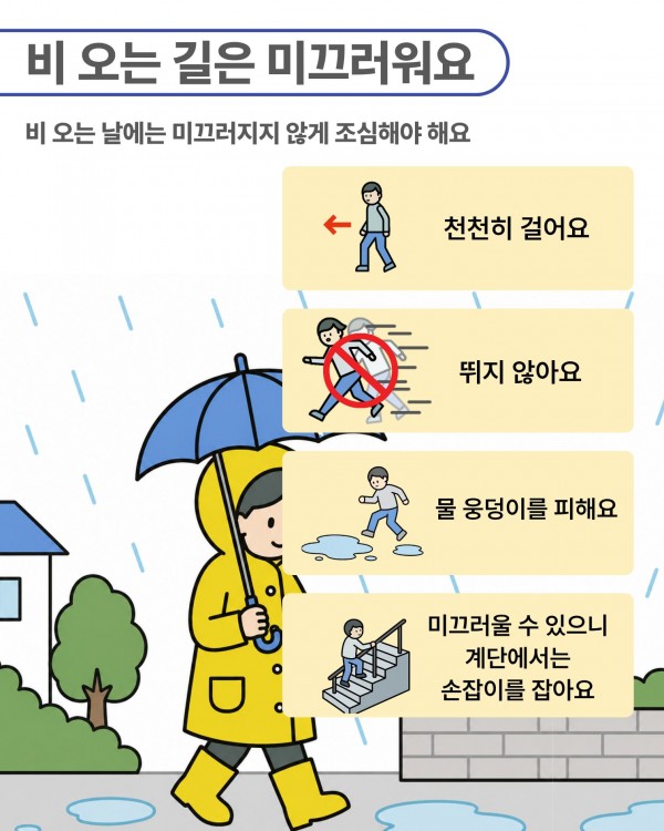 비 오는 길에서 안전하게 걷는 방법을 안내하는 카드입니다.  비 오는 날에는 미끄러지지 않도록 조심해야 합니다.  천천히 걷습니다. 뛰지 않습니다. 물 웅덩이를 피해 걷습니다. 계단에서는 손잡이를 잡고 이동합니다.  배경에는 비가 내리는 길을 우산을 쓰고 걷는 사람이 있습니다.