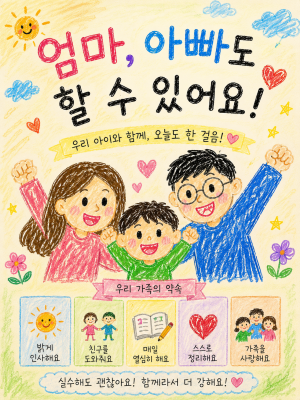 엄마아빠도할 수 있어요 우리 아이와 함께, 오늘도 한걸음, 우리가족의 약속 밝게 인사해요. 친구를 도와줘요 매일 열심히 해요 스스로 정리해요 가족을 사랑해요 실수해도 괜찮아요! 함께라서 더 강해요! 홍보 포스터