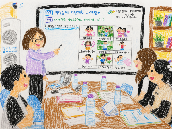 행동문제 지원계획 과제발표 감정을 조절하는 압ㅇ법 가르치기 화면을 보며 교육을 듣는 모습