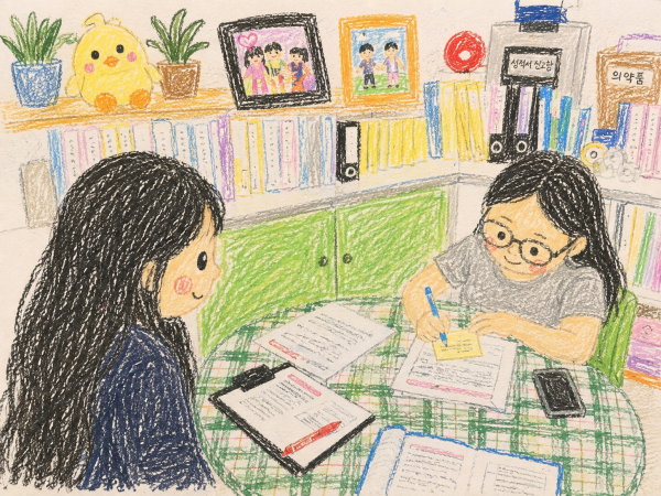 발달평가 결과를 바탕으로 지도 방법에 대해 이야기하는 작업치료사와 유치원교사의 모습