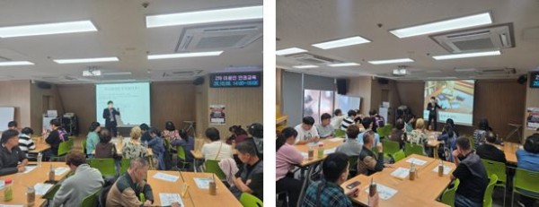 금전관리 인권교육을 진행하고 있는 송경준 강사의 모습과 듣고있는 이용인의 모습
