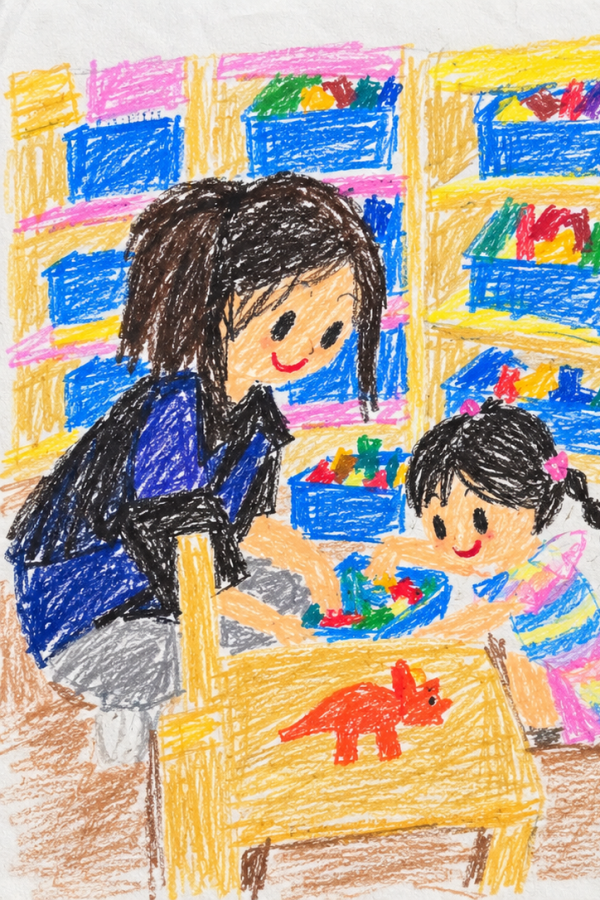 아이의 발달 검사를 확인하는 작업 치료사의 모습을 그린 그림