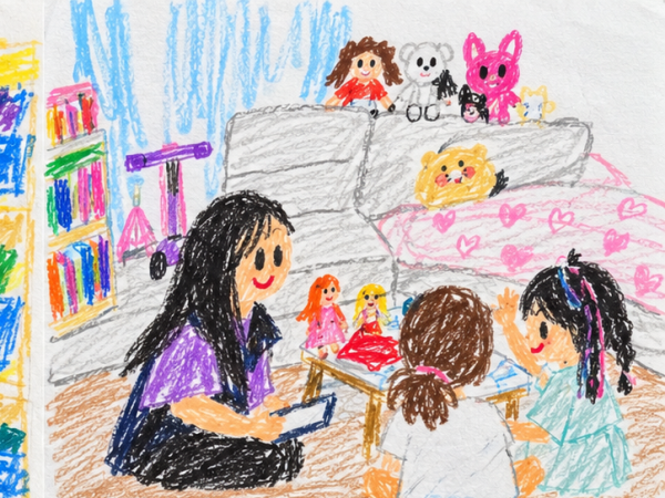보호자의 놀이 방법을 지원해주는 모습을 그린 그림
